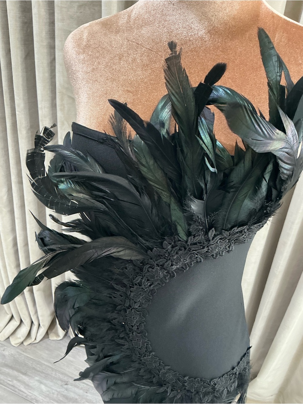 Black Feather-Trim Strapless Dress - Picture 4 of 9